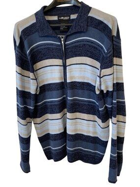 Sag Harbor Sport Womens L Blue Striped Full Zip Collared Sweater Cardigan Preppy